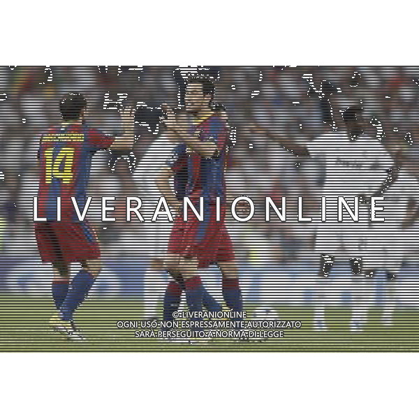 Barcelona\'s Javier Mascherano and Sergio Busquets celebrate during Champions League match in Madrid. April 27, 2011. (ALTERPHOTOS/Alvaro Hernandez) AG ALDO LIVERANI ONLY ITALY
