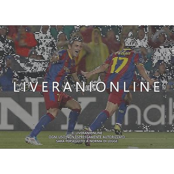 FC Barcelona\'s David Villa and Pedro Rodriguez celebrate goal during UEFA Champions League match.May 3,2011.(ALTERPHOTOS/Acero) AG ALDO LIVERANI S A S ONLY ITALKY