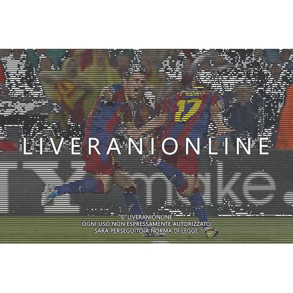 FC Barcelona\'s David Villa and Pedro Rodriguez celebrate goal during UEFA Champions League match.May 3,2011.(ALTERPHOTOS/Acero) AG ALDO LIVERANI S A S ONLY ITALKY
