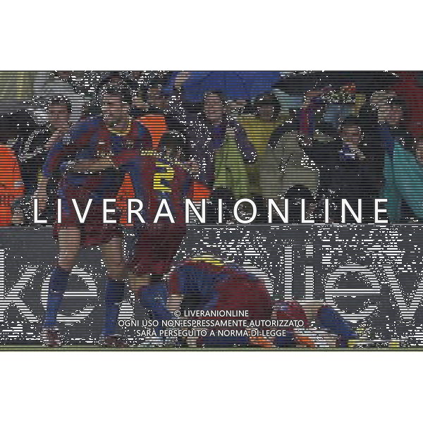 FC Barcelona\'s Xavi Hernandez, Gerard Pique,David Villa, Andres Iniesta, Leo Messi and Pedro Rodriguez celebrate goal during UEFA Champions League match.May 3,2011.(ALTERPHOTOS/Acero) AG ALDO LIVERANI S A S ONLY ITALKY