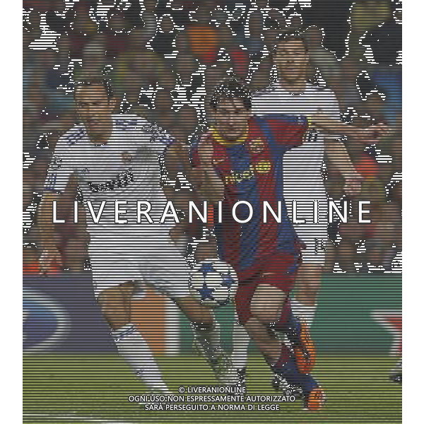 FC Barcelona\'s Leo Messi (c) and Real Madrid\'s Ricardo Carvalho and Xabi Alonso during UEFA Champions League match.May 3,2011.(ALTERPHOTOS/Acero) AG ALDO LIVERANI S A S ONLY ITALKY