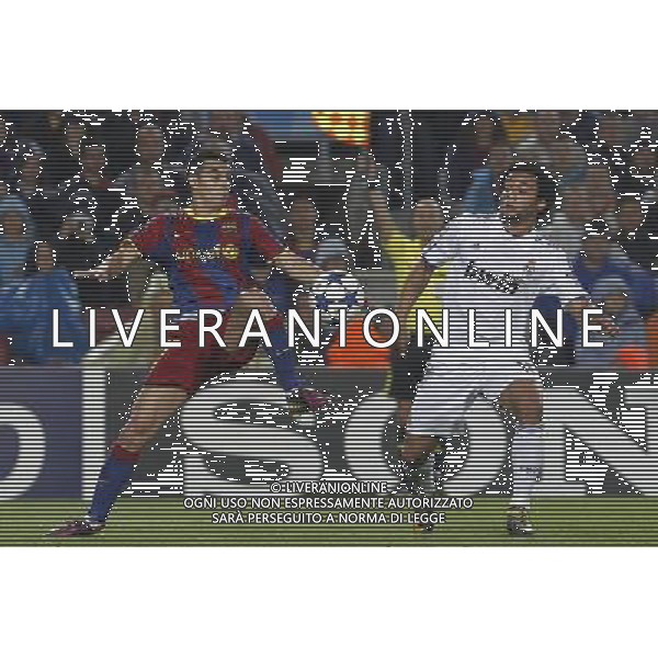 FC Barcelona\'s Pedro Rodriguez (l) and Real Madrid\'s Marcelo Vieira during UEFA Champions League match.May 3,2011.(ALTERPHOTOS/Acero) AG ALDO LIVERANI S A S ONLY ITALKY