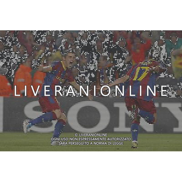 FC Barcelona\'s David Villa and Pedro Rodriguez celebrate goal during UEFA Champions League match.May 3,2011.Steel / ALFAQUI AG ALDO LIVERANI S A S ONLY ITALKY