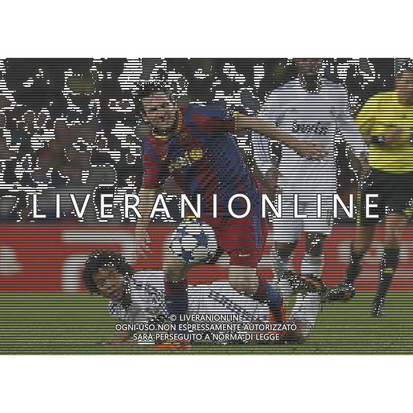 FC Barcelona\'s Leo Messi (f) and Real Madrid\'s Marcelo Vieira during UEFA Champions League match.May 3,2011.Steel / ALFAQUI AG ALDO LIVERANI S A S ONLY ITALKY