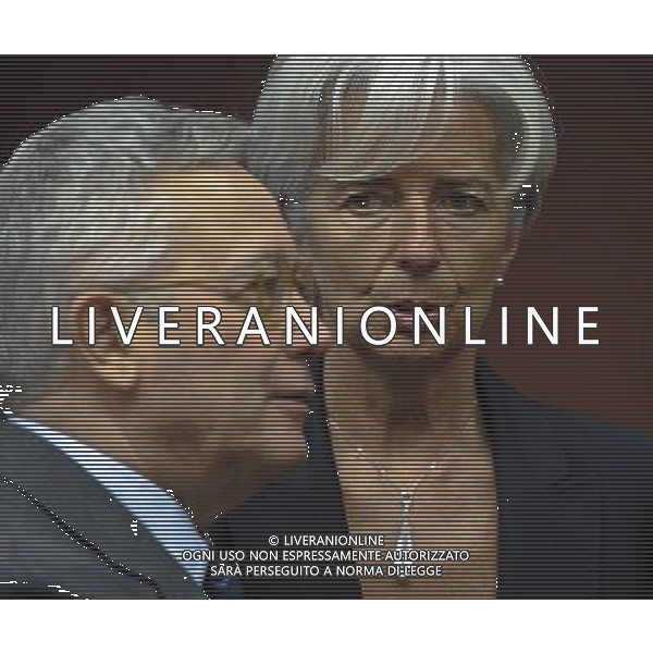 French Finance Minister Christine Lagarde (L) and Italian Finance Minister Giulio Tremonti prior to a ministerial meeting on the European Stability Mechanis and Eurogroup meeting in Brussels, Belgium on 2011-05-16 EU finance ministers met to discuss the financial aid package for Portugal and Greek debt crisis. Ministri delle finanze dell\'Unione europea si sono incontrati per discutere il pacchetto di aiuti finanziari per il Portogallo e della crisi del debito della Grecia AG. ALDO LIVERANI SAS ITALY ONLY *** Local Caption *** .
