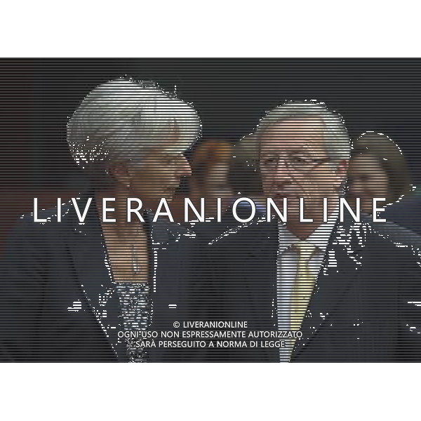 Luxembourg Prime Minister and president of the Eurogroup Council Jean-Claude Juncker (R), speaks with French Finance Minister Christine Lagarde prior to a ministerial meeting on the European Stability Mechanis and Eurogroup meeting in Brussels, Belgium on 2011-05-16 EU finance ministers met to discuss the financial aid package for Portugal and Greek debt crisis. Ministri delle finanze dell\'Unione europea si sono incontrati per discutere il pacchetto di aiuti finanziari per il Portogallo e della crisi del debito della Grecia AG. ALDO LIVERANI SAS ITALY ONLY *** Local Caption *** .