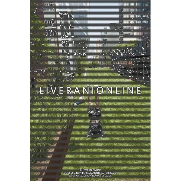 Visitors enjoy the Great Lawn area on opening day of the second phase, from West 20th Street to West 30th Street, of the High Line Park in Chelsea is seen on Tuesday, June 7, 2011. The new section includes the 4900 square foot lawn for visitors to sit and sunbathe as well as a \'flyover\' walkway that raises you eight feet above the foliage. Since the first section opened millions of dollars in real estate has been developed along the park. (Œ© Richard B. Levine) /PHOTOSHOT/AG ALDO LIVERANI SAS - ITALY ONLY - *** Local Caption *** .