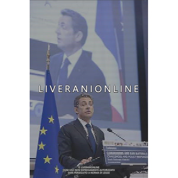 BRUSSELS-EU-FRANCE (110614) -- Brussels, Jun 14, 2011 -- The French President Nicolas Sarkozy delivers a speach during a conference organised by the European Commission on \'commodities and Raw materials: Chalenges and policy responses\', in the EU Commission headquarter, on June 14; 2011; in Brussels, the Belgium capital. Conferenza organizzata dalla Commissione europea su \'Beni e materie prime: Sfide e risposte politiche\', nella sede della Commissione UE AG. ALDO LIVERANI SAS - ITALY ONLY *** Local Caption *** .