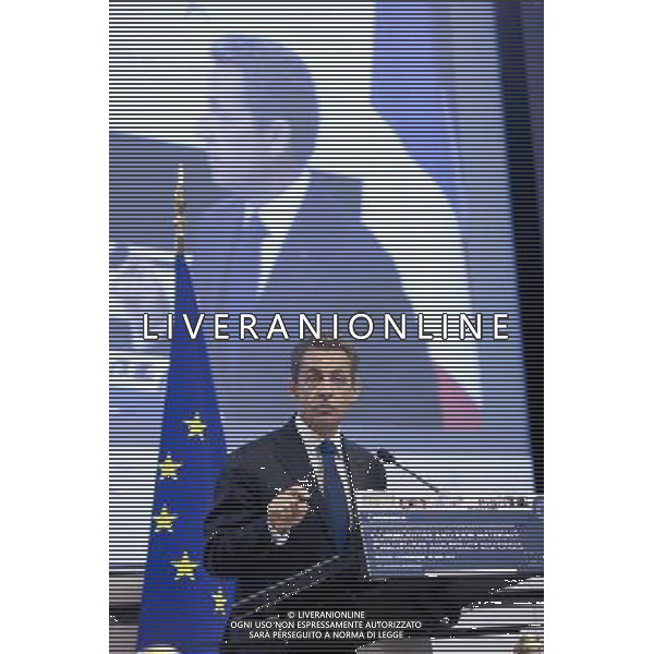 BRUSSELS-EU-FRANCE (110614) -- Brussels, Jun 14, 2011 -- The French President Nicolas Sarkozy delivers a speach during a conference organised by the European Commission on \'commodities and Raw materials: Chalenges and policy responses\', in the EU Commission headquarter, on June 14; 2011; in Brussels, the Belgium capital. Conferenza organizzata dalla Commissione europea su \'Beni e materie prime: Sfide e risposte politiche\', nella sede della Commissione UE AG. ALDO LIVERANI SAS - ITALY ONLY *** Local Caption *** .