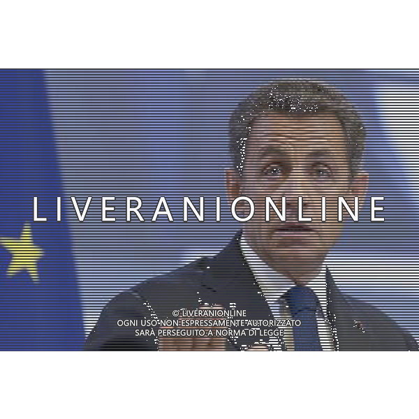 BRUSSELS-EU-FRANCE (110614) -- Brussels, Jun 14, 2011 -- The French President Nicolas Sarkozy delivers a speach during a conference organised by the European Commission on \'commodities and Raw materials: Chalenges and policy responses\', in the EU Commission headquarter, on June 14; 2011; in Brussels, the Belgium capital. Conferenza organizzata dalla Commissione europea su \'Beni e materie prime: Sfide e risposte politiche\', nella sede della Commissione UE AG. ALDO LIVERANI SAS - ITALY ONLY *** Local Caption *** .
