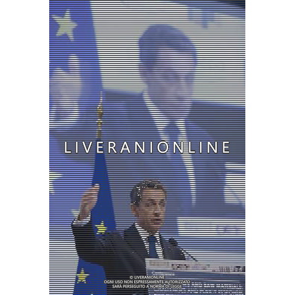 BRUSSELS-EU-FRANCE (110614) -- Brussels, Jun 14, 2011 -- The French President Nicolas Sarkozy delivers a speach during a conference organised by the European Commission on \'commodities and Raw materials: Chalenges and policy responses\', in the EU Commission headquarter, on June 14; 2011; in Brussels, the Belgium capital. Conferenza organizzata dalla Commissione europea su \'Beni e materie prime: Sfide e risposte politiche\', nella sede della Commissione UE AG. ALDO LIVERANI SAS - ITALY ONLY *** Local Caption *** .