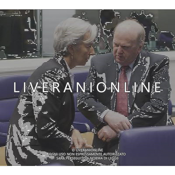 (110620) -- Brussels, Jun 20, 2011 -- The French Ministerof Economy, Finance, \' Industry Christine Lagarde (L) talks with the Irish Ministerfor Finance Michael Noonan (R) prior the start of the second day of an Eurogroup Council ministers meeting in the EU Headquarter in Luxembourg on June 20; 2011. AG ALDO LIVERANI S A S ONLY ITALY