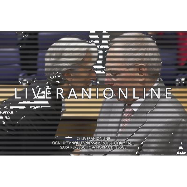 (110620) -- Luxembourg, Jun 20, 2011 -- The French Ministerof Economy, Finance, \' Industry Christine Lagarde (L) talks with the German Minister of Finance Wolfgang SchŠuble (R) prior the start of the second day of an Eurogroup Council ministers meeting in the EU Headquarter in Luxembourg on June 20; 2011. AG ALDO LIVERANI S A S ONLY ITALY