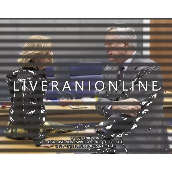 (110620) -- Luxembourg, Jun 20, 2011 -- The Spanish Minister of Economy \' Finance Elena Salgado Mendez (L) talks with the Italian Minister of Economy \' Finance Giulio Tremonti (R) prior the start of the second day of an Eurogroup Council ministers meeting in the EU Headquarter in Luxembourg on June 20; 2011. AG ALDO LIVERANI S A S ONLY ITALY