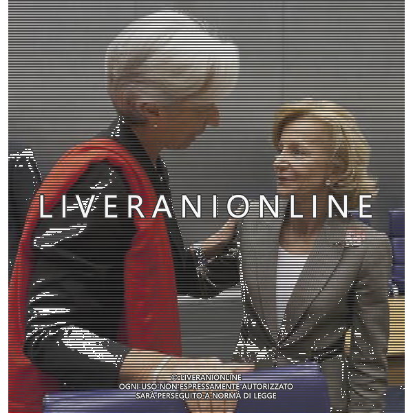 (110619) -- Luxembourg, June. 19, 2011 -- The French Minister of Economy, Finance, \' Industry Christine Lagarde (L) talks with the spanish Minister of Economy \' Finance Elena Salgado Mendez (R) prior an Eurogroup Ministers Council meeting in the EU headquarter, on Sunday June 19; 2011, in Luxembourg. AG ALDO LIVERANI S A S ONLY ITALY