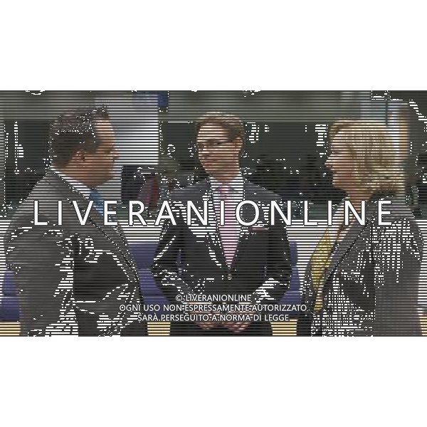 (110619) -- Luxembourg, June. 19, 2011 -- The Dutch Minister of finance Jan Cornelius \'Jan Kees\' de Jager (L) talks with the Finish Minister of finance Jyrki Tapani Katainen (C) and the Austrian Minister of Finance Maria Fekter (R) prior an Eurogroup Ministers Council meeting in the EU headquarter, on Sunday June 19; 2011, in Luxembourg. AG ALDO LIVERANI S A S ONLY ITALY