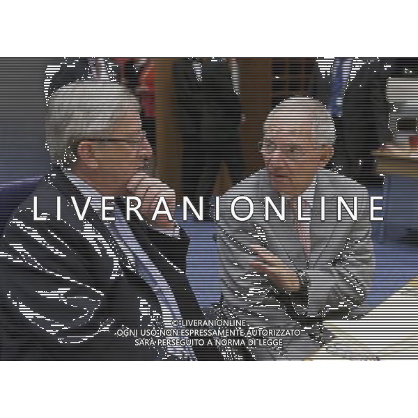 (110620) -- Luxembourg, Jun 20, 2011 -- Luxembourg Prime Minister, President of the Eurogroup Jean-Claude Juncker (L) talks with the German Minister for finance Wolfgang SchŠuble (R) prior the starts of an European Stability Mecanisme (ESM) European Ministers Council meeting in the EU Headquarter in Luxembourg on June 20; 2011. AG ALDO LIVERANI S A S ONLY ITALY