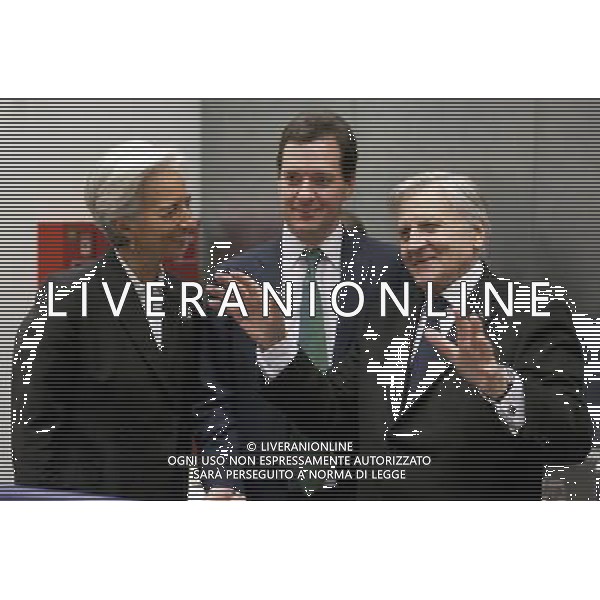 (110620) -- Luxembourg, Jun 20, 2011 -- French Ministerof Economy, Finance, \' Industry Christine Lagarde (L) talks with British Chancellor of the Exchequer George Gideon Oliver Osborne (C) and the President of the European Central Bank (ECB) Jean-Claude Trichet (R) prior the starts of an European Stability Mecanisme (ESM) European Ministers Council meeting in the EU Headquarter in Luxembourg on June 20; 2011. AG ALDO LIVERANI S A S ONLY ITALY