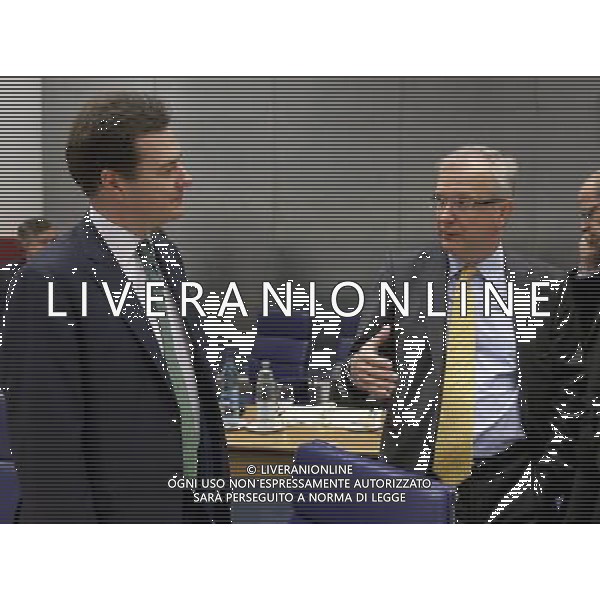 (110620) -- Luxembourg, Jun 20, 2011 -- British Chancellor of the Exchequer George Gideon Oliver Osborne (L) talks with the EU Finance Commissioner Olli Rehn (R) prior the starts of an European Stability Mecanisme (ESM) European Ministers Council meeting in the EU Headquarter in Luxembourg on June 20; 2011. AG ALDO LIVERANI S A S ONLY ITALY