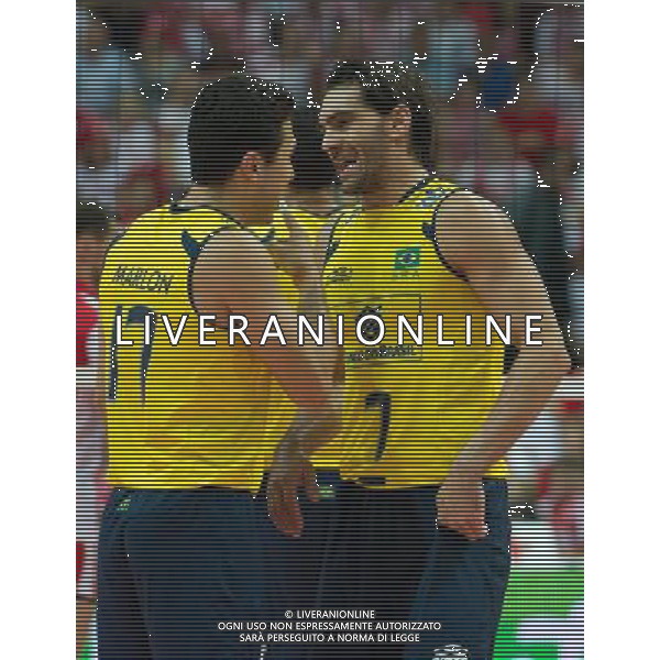 30.06.2011 - Katowice , Spodek , Siatkowka mezczyzn (Volleyball men\'s) , Liga Swiatowa 2011 grupa A , FIVB World League 2011 group A , Polska (czerwone) - Brazylia (zolte) N/Z Marlon , Giba Fot. Mariusz Palczynski / Edytor.net / NEWSPIX.PL --- Newspix.pl *** Local Caption *** www.newspix.pl mail us: info@newspix.pl call us: 0048 022 23 22 222 --- Polish Picture Agency by Ringier Axel Springer Poland