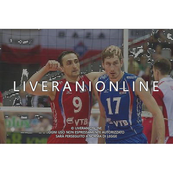 09.07.2011 - Gdansk , ERGO Arena , Siatkowka mezczyzn (Volleyball men\'s) , Finaly Ligi Swiatowej 2011 , FIVB World League Final 2011 , Mecz polfinalowy Polska (biale) - Rosja (niebieskie) N/Z alexander Sokolov , Maxim Mikhaylov Fot. Mariusz Palczynski / Edytor.net / Newspix.pl --- Newspix.pl *** Local Caption *** www.newspix.pl mail us: info@newspix.pl call us: 0048 022 23 22 222 --- Polish Picture Agency by Ringier Axel Springer Poland
