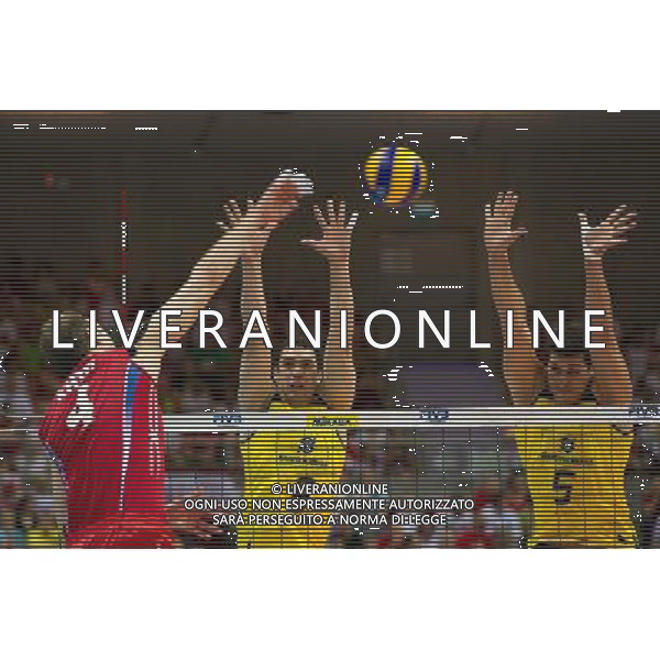 10.07.2011 - Gdansk , ERGO Arena , Siatkowka mezczyzn (Volleyball men\'s) , Finaly Ligi Swiatowej 2011 , FIVB World League Final 2011 , Final Brazylia (zolte) - Rosja (czerwone) N/Z Taras Khtei , Theo Lopes , Sidao Fot. Mariusz Palczynski / Edytor.net / Newspix.pl --- Newspix.pl *** Local Caption *** www.newspix.pl mail us: info@newspix.pl call us: 0048 022 23 22 222 --- Polish Picture Agency by Ringier Axel Springer Poland