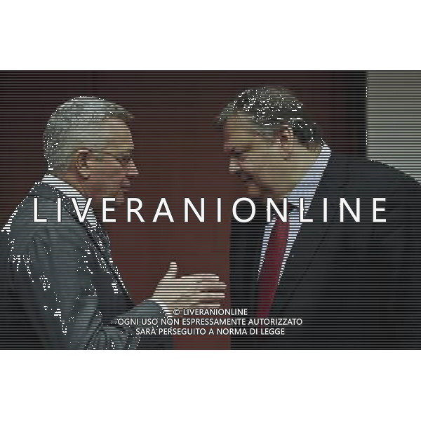Greece\'s Finance Minister Evangelos Venizelos (R) and Italian Finance Minister Giulio Tremonti before signing the treaty establishing the European Stability Mechanism ahead of a euro zone finance ministers meeting in in Brussels, Belgium on 2011-07-11