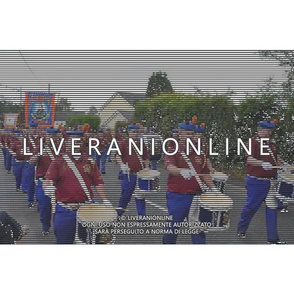 Portadown True Blues Band take part in an Orange Order parade in 12th July celebrations in Killylea County Armagh Northern Ireland