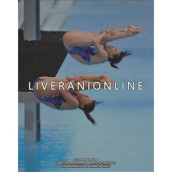 (110716) -- SHANGHAI, July 16, 2011 () -- Wu Minxia (up) and He Zi of China compete in the final of the women\'s 3m synchronized springboard diving event at the 14th FINA World Championships in Shanghai, east China, July 16, 2011. Wu Minxia and He Zi of China claimed the title with 356.40 points. (/Yang Zongyou) (zgp)