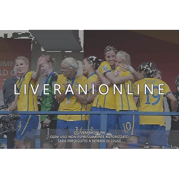 ¬© Eric Baledent / LEMOUSTICPRODUCTION / MaxPPP - BOCHUM LE 16/07/2011 - SUEDE VERSUS FRANCE - LES SUEDOISES HEUREUSES AVEC LEUR MEDAILLE : ANNICA SVENSSON (SWE), HEDVIG LINDAHL (SWE), JOSEFINE OQVIST (SWE), LOTTA SCHELIN (SWE), SOFIA JAKOBSSON (SWE) ET MADELAINE EDLUND (SWE) (DE DOS)