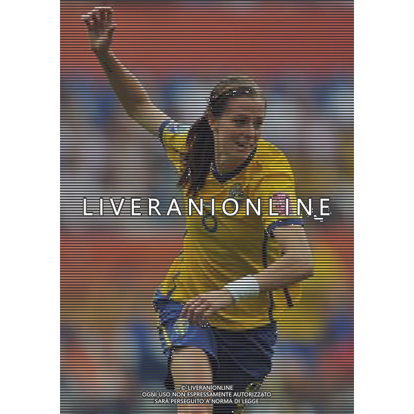 (110716) -- SINSHEIM, July 16, 2011 () -- Sweden\'s Lotta Schelin celebrates her goal during the third place final match between Sweden and France at the 2011 FIFA Women\'s World Cup in Sinsheim, Germany, July 16, 2011. Sweden beat France 2-1 and claimed the third place of the 2011 FIFA Women\'s World Cup. (/Ma Ning) (zw)
