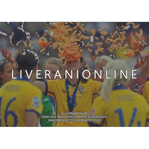 (110716) -- SINSHEIM, July 16, 2011 () -- Sweden\'s Lotta Schelin celebrates their victory during the awarding ceremony of the third place final match between Sweden and France at the 2011 FIFA Women\'s World Cup in Sinsheim, Germany, July 16, 2011. Sweden beat France 2-1 and claimed the third place of the 2011 FIFA Women\'s World Cup. (/Ma Ning) (zw)