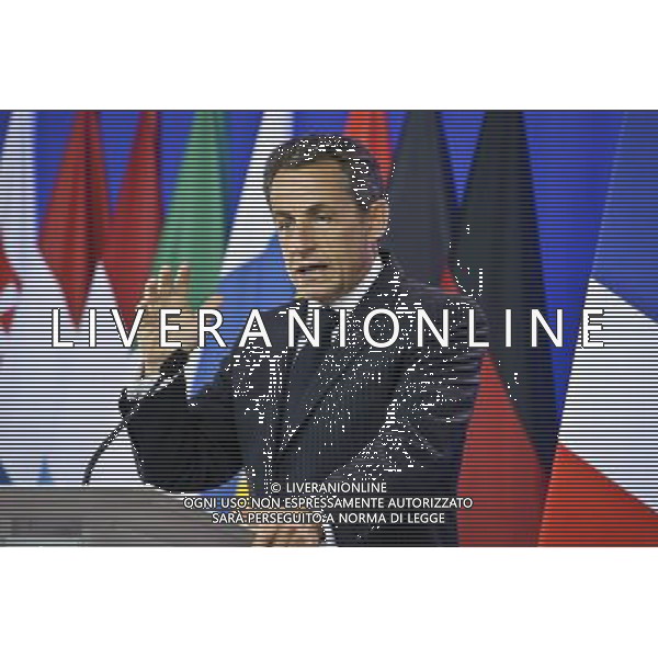 France\'s President Nicolas Sarkozy speaks during a news conference at the European Council building at the end of an euro zone leaders crisis summit in Brussels, Belgium on 2011-07-21 by Wiktor Dabkowski