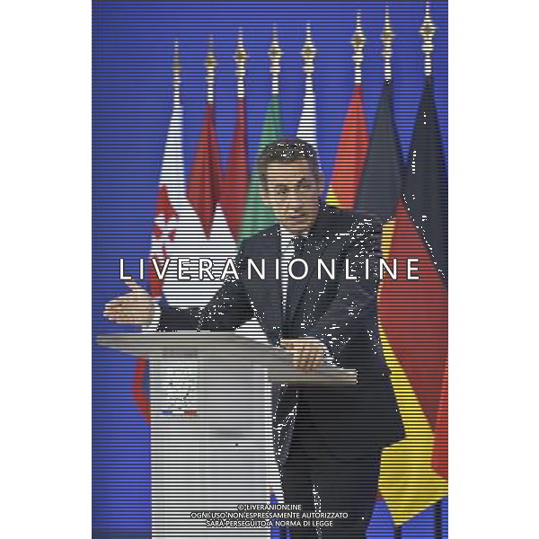 France\'s President Nicolas Sarkozy speaks during a news conference at the European Council building at the end of an euro zone leaders crisis summit in Brussels, Belgium on 2011-07-21 by Wiktor Dabkowski