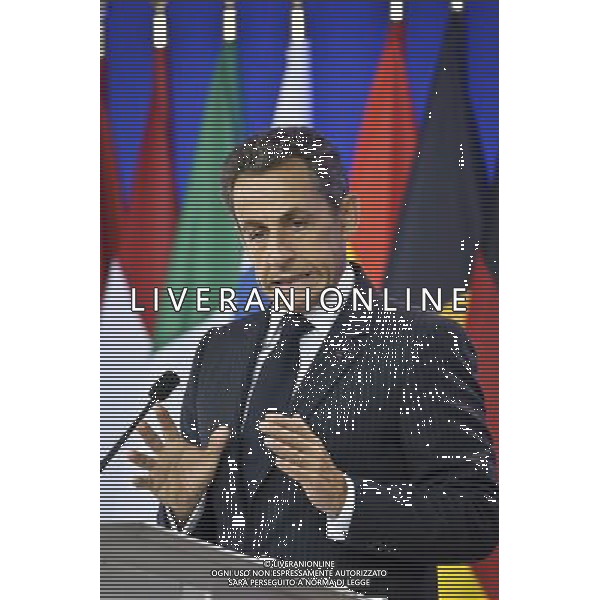 France\'s President Nicolas Sarkozy speaks during a news conference at the European Council building at the end of an euro zone leaders crisis summit in Brussels, Belgium on 2011-07-21 by Wiktor Dabkowski
