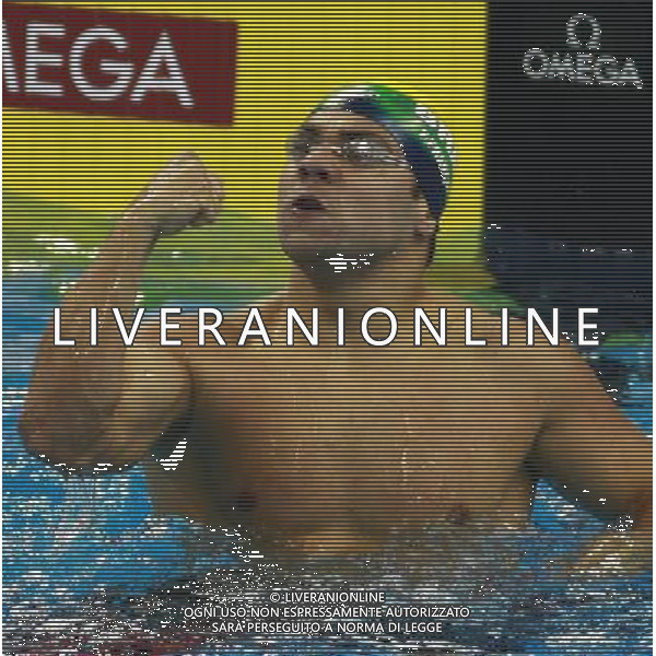 (110727) -- SHANGHAI, July 27, 2011 () -- Felipe Alves Franca Da Silva of Brazil celebrates after the final of men\'s 50m breaststroke swimming event at the 14th FINA World Championships in Shanghai, east China, July 27, 2011. Felipe Alves Franca Da Silva claimed the title with 27.01. (/Pei Xin)