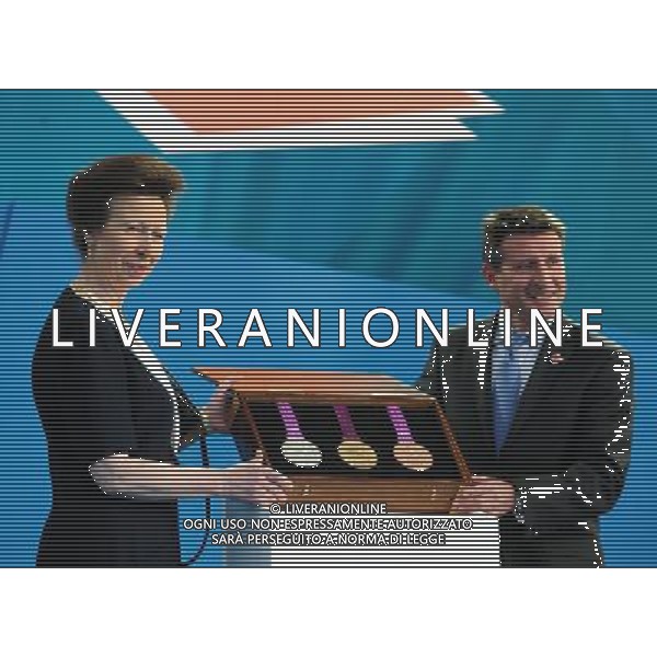 (110727) -- LONDON, July 27, 2011 () -- London Organising Committee for the Olympic Games (LOCOG) chairman Sebastian Coe (R) and Princess Anne display the medals at the \'London 2012 - One Year To Go\' celebration at Trafalgar Square in central London, Britain, July 27, 2011. London celebrated the one year countdown to the London 2012 Olympic games here on Wednesday, during which the medals were displayed to the public for the first time. (/Zeng Yi)