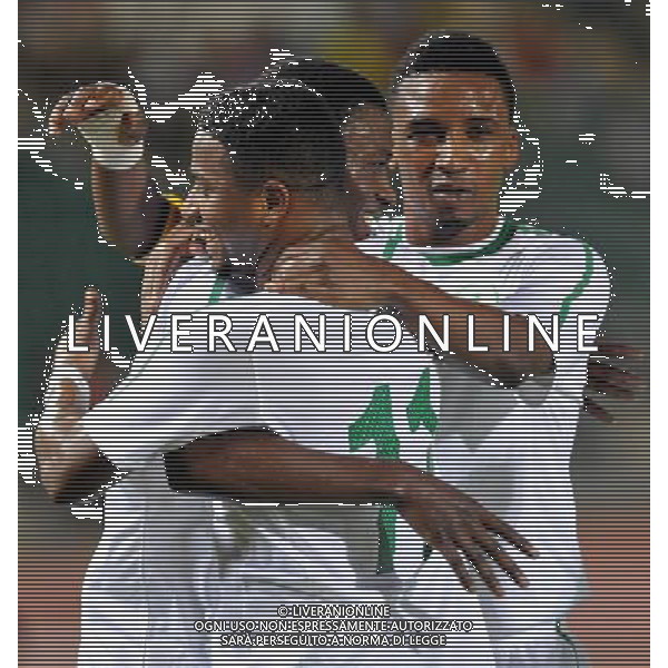 (110728) -- HONG KONG, July 28, 2011 () -- Nassir Ali Alshamrani (front)and Hassan Muath Fallatah (C) of Saudi Arabia celebrate after score during the Asian qualifying for the 2014 World Cup with Hong Kong of China in Hong Kong, south China, July 28, 2011.Saudi Arabia defeated Hong Kong by 5-0. (/Lo Ping Fai)