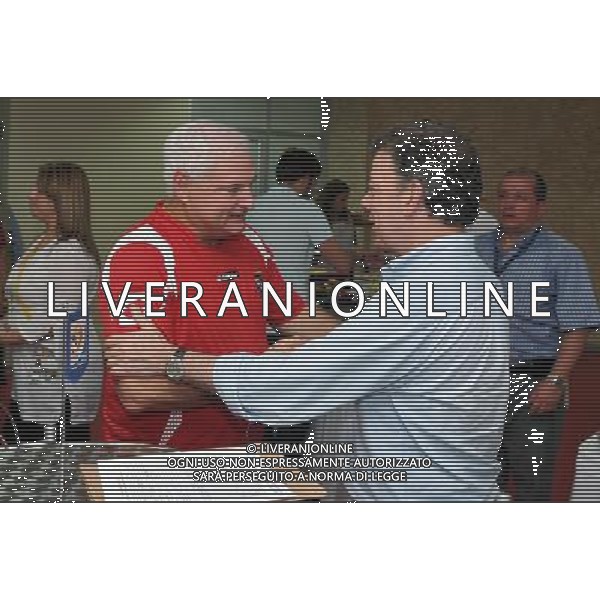 (110730) -- CARTAGENA, July 30, 2011 () -- Image provided by the Colombian Presidency shows Colombian President Juan Manuel Santos (R) greeting Panama\'s President Ricardo Martinelli (L) before the Austria vs Panama soccer match of the World Cup U-20 in Cartagena, Colombia, on July 29, 2011. (/Felipe Ariza/Colombian Presidency) (ce)