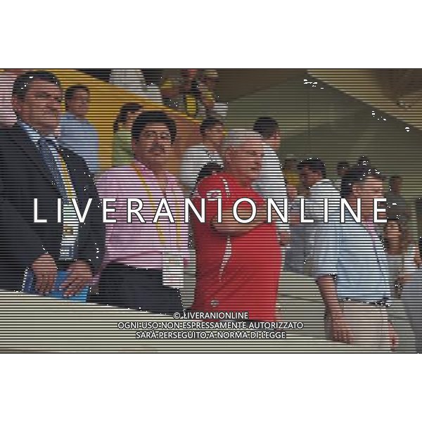 (110730) -- CARTAGENA, July 30, 2011 () -- Image provided by the Colombian Presidency shows Colombian President Juan Manuel Santos (R) and Panama\'s President Ricardo Martinelli (2nd, R) watching the Austria vs Panama soccer match of the World Cup U-20 in Cartagena, Colombia, on July 29, 2011. (/Felipe Ariza/Colombian Presidency) (ce)
