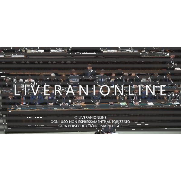 (110803) -- ROME, Aug. 3, 2011 () -- Italian Prime Minister Silvio Berlusconi (C rear), flanked by cabinet members, speaks at the parliament in Rome, Italy, Aug. 3, 2011. Berlusconi addressed the parliament Wednesday on the country\'s economic situation, in an effort to soothe growing concerns over Italy\'s economy. (/Wang Qingqin)
