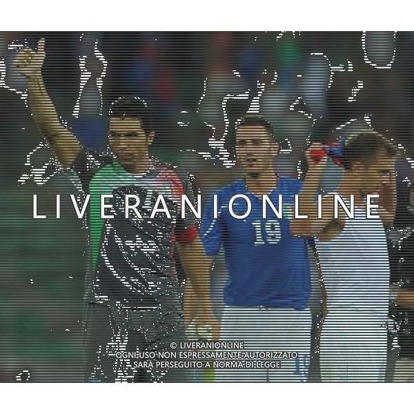 Amichevole Internazionale Bari - 10.08.2011 Italia-Spagna Nella Foto:buffon bonucci criscito esultanza finale /Ph.Vitez-Ag. Aldo Liverani