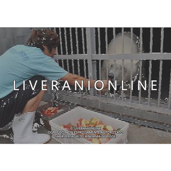 (110810) JINAN, Aug. 10, 2011 A staff member feeds a polar bear with iced fruits in a sea world in Jinan, east China\'s Shandong Province, Aug. 10, 2011. A variety of measures were taken to help polar animals cool off in a very hot and humid day, nicknamed sauna weather, on Wednesday. (/Zhu Zheng) (lj) (ry)