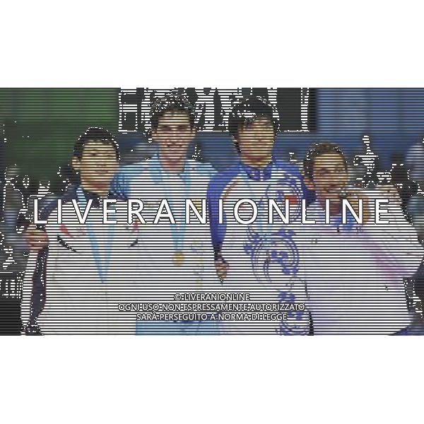 (110813) -- SHENZHEN, Aug. 13, 2011 () -- Andriy Yagodka (2nd L) of Ukraine, Gu Bon Gil (1st L) of South Korea, Massimiliano Murolo (1st R) of Italy and He Wei of China react during the awarding ceremony of the men\'s sabre individual event at the 26th Summer Universiade in Shenzhen, a city of south China\'s Guangdong Province, Aug. 13, 2011. Andriy Yagodka won the gold medal and Gu Bon Gil won the silver medal. Massimiliano Murolo and He Wei won the bronze. (/Wang Haofei)(lm)