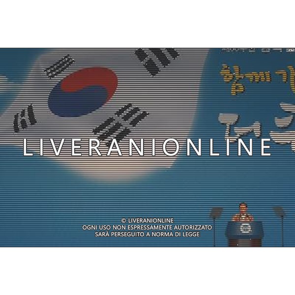 SEOUL, Aug. 15, 2011 South Korean President Lee Myung bak delivers a speech during the country\'s National Liberation Day marking the end of Japan\'s colonial rule on the Korean peninsula in 1945 at the Sejong Center for the Performing Arts in Seoul, South Korea, on Aug. 15, 2011. Lee Myung bak on Monday urged Japan to teach its future generations a correct history. (/Park Jin hee) (msq)