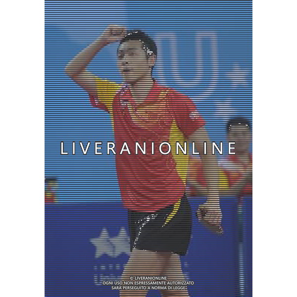(110816) -- SHENZHEN, Aug. 16, 2011 () -- China\'s Xu Xin celebrates for scoring during the men\'s team final of table tennis event against Japan\'s Jin Ueda at the 26th Summer Universiade, in Shenzhen, a city of south China\'s Guangdong Province, Aug. 16, 2011. Xu won 3-1. China won 3-1 and got the Gold medal. (/Yang Shiyao)(bxf)