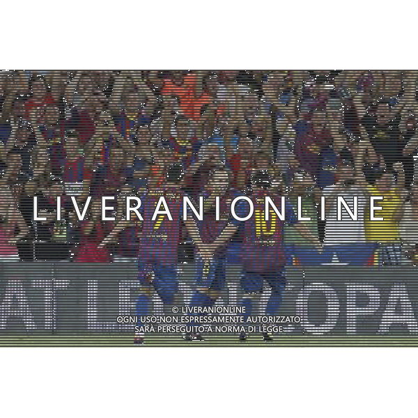 FC Barcelona\'s David Villa, Andres Iniesta and Leo Messi celebrates goal during Spanish Supercup 2nd match.August 17,2011. Photo: Acero / Alter / ALFAQUI Photo: Acero / Alter / ALFAQUI