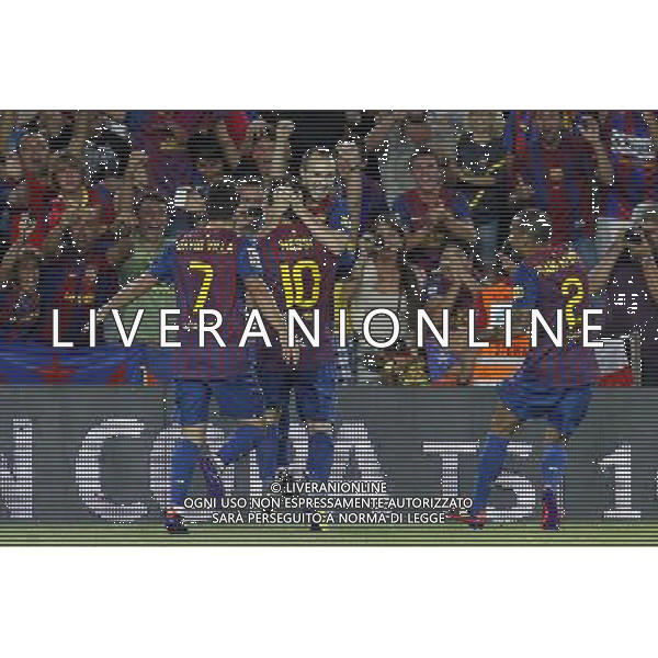 FC Barcelona\'s David Villa, Andres Iniesta, Leo Messi and Daniel Alves celebrates goal during Spanish Supercup 2nd match.August 17,2011. Photo: Acero / Alter / ALFAQUI Photo: Acero / Alter / ALFAQUI