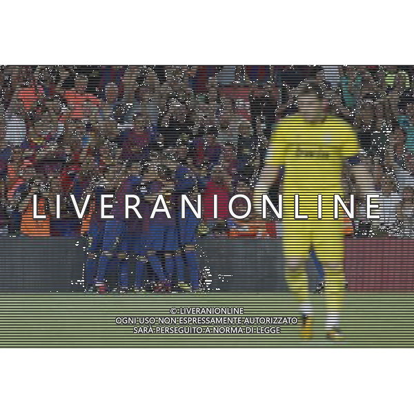 FC Barcelona\'s players celebrates goal in presence of Real Madrid\'s Iker Casillas dejected during Spanish Supercup 2nd match.August 17,2011. Photo: Acero / Alter / ALFAQUI Photo: Acero / Alter / ALFAQUI