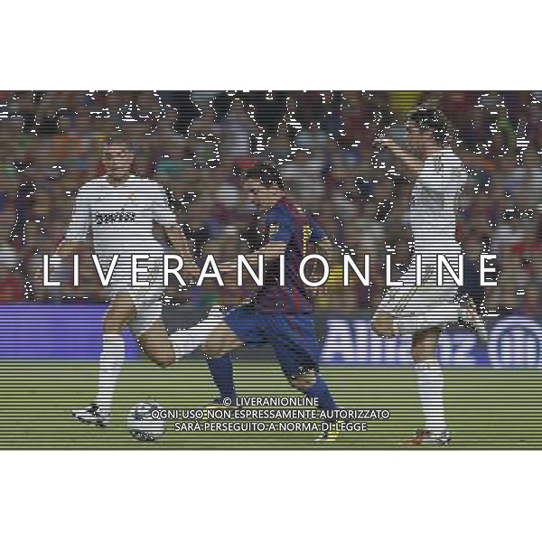 FC Barcelona\'s Leo Messi (c) and Real Madrid\'s Pepe (l) and Sergio Ramos during Spanish Supercup 2nd match.August 17,2011. Photo: Acero / Alter / ALFAQUI Photo: Acero / Alter / ALFAQUI